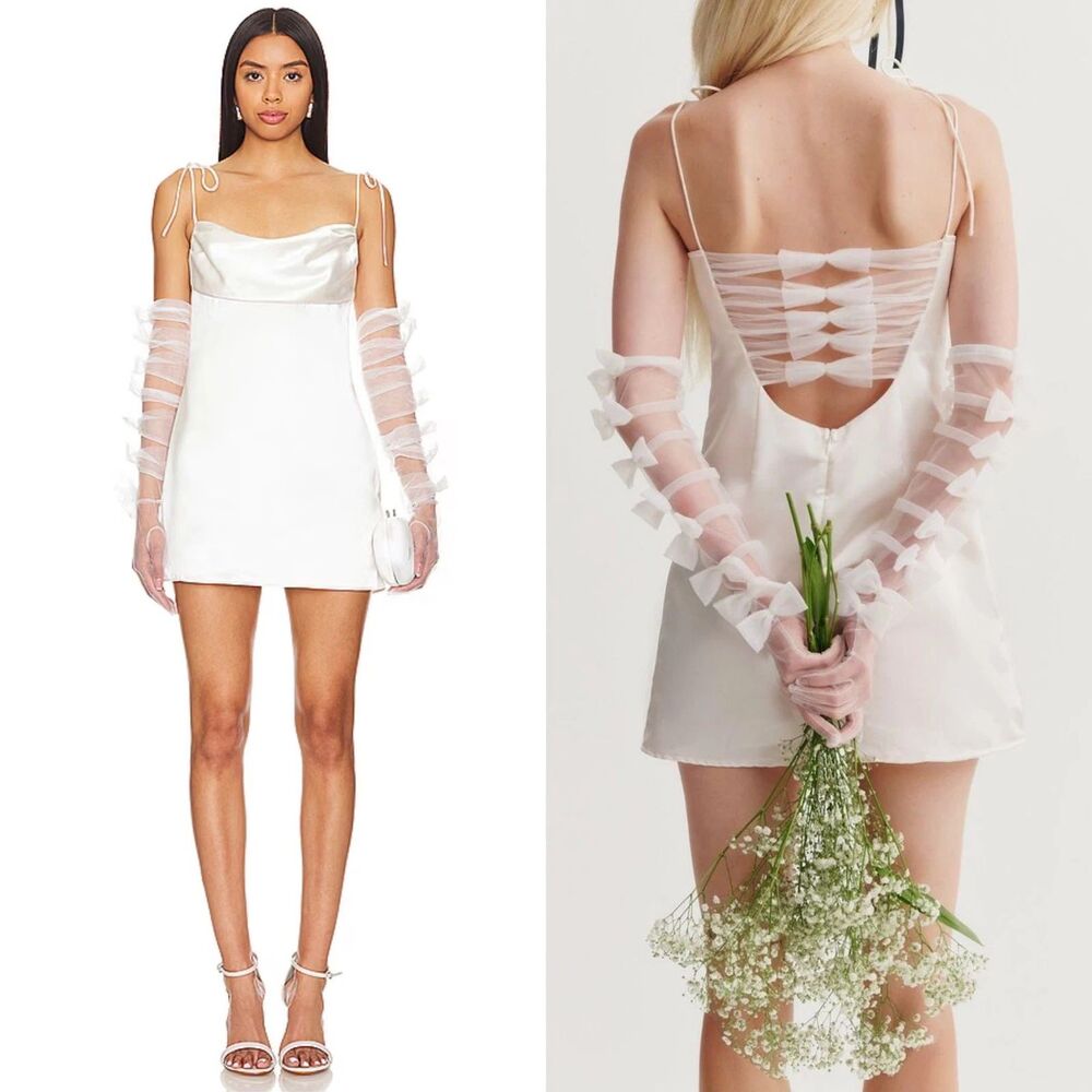 For Love & Lemons AMBRE White Bridal Mini Dress with Tulle Gloves M $319 BNWT